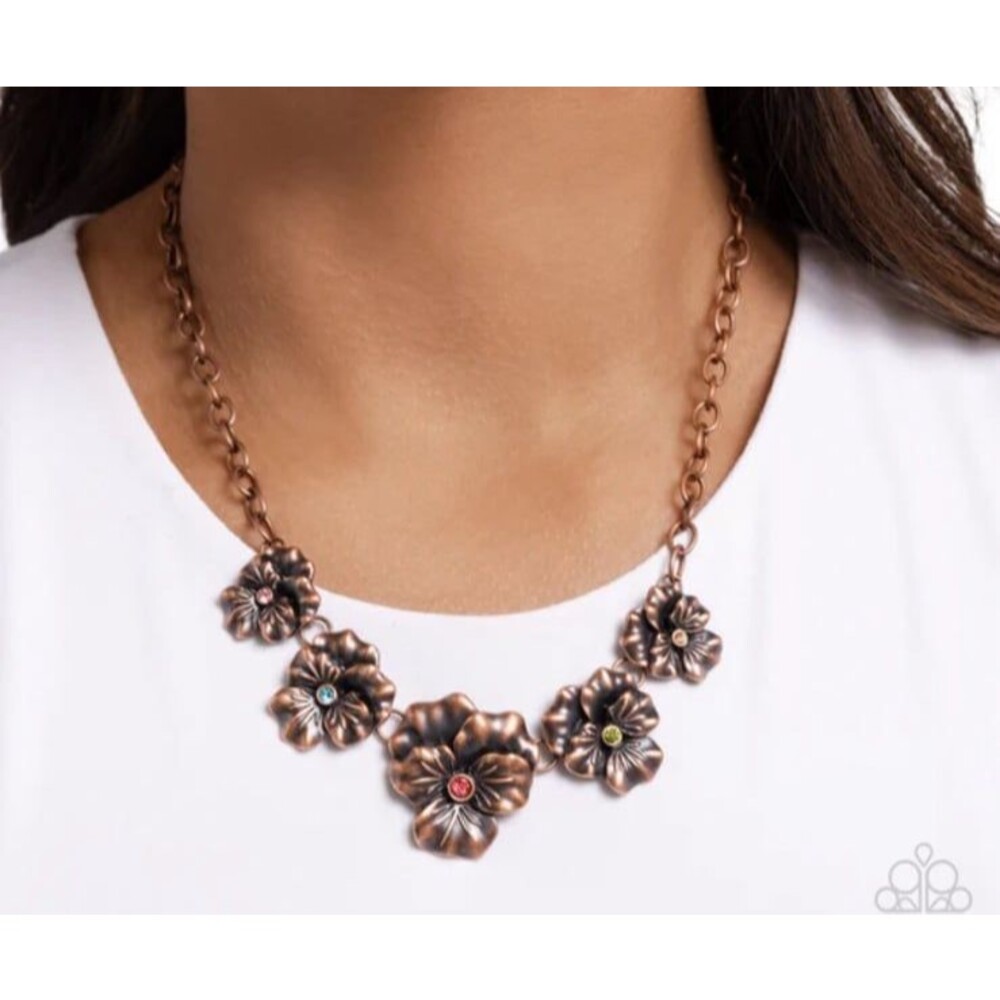 Paparazzi Blatant Botanicals Copper Flower Necklace Multi-Color Rhinestones New